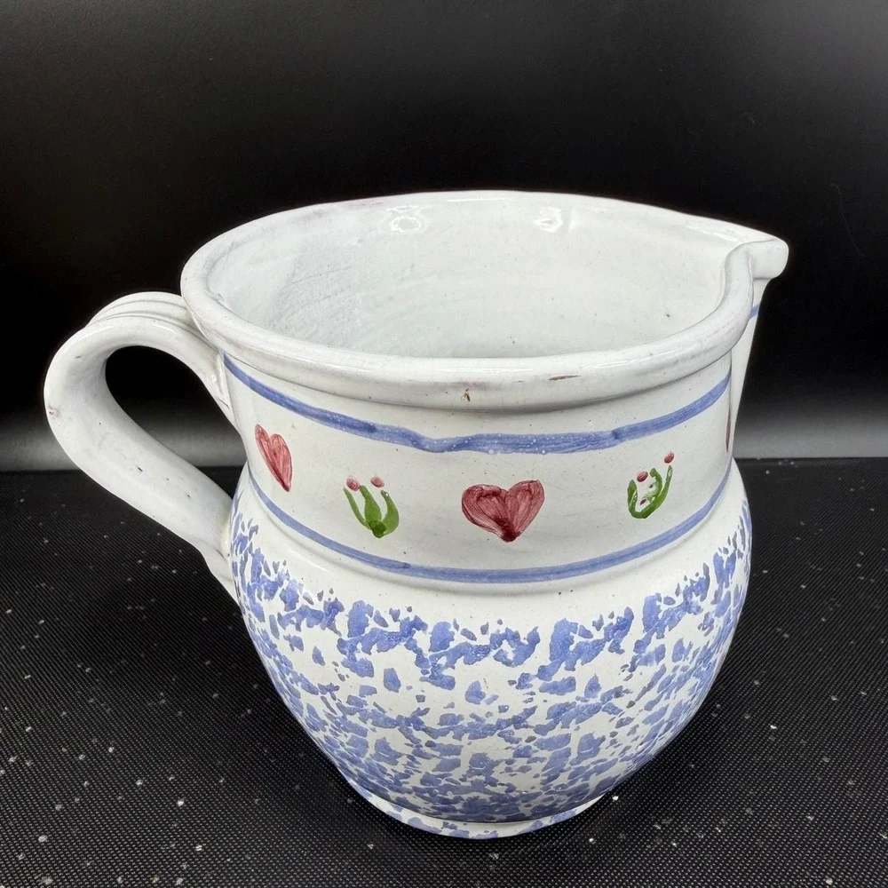 Vintage MM Portugal Hand Painted Terracotta Pitcher Blue‎ Sponge Heart Folk Art